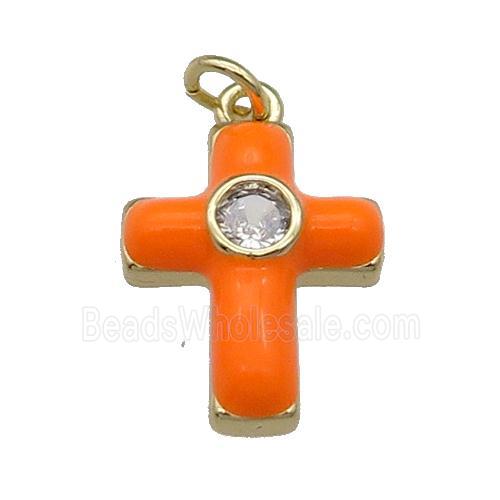 copper Cross pendant pave zircon with orange enamel, gold plated