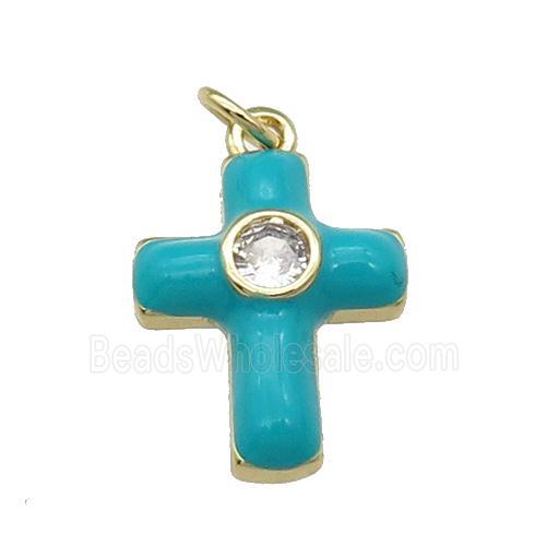 copper Cross pendant pave zircon with teal enamel, gold plated