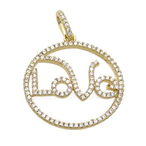 copper circle pendant pave zircon, LOVE, gold plated