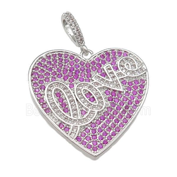 copper Heart pendant pave hotpink zircon, LOVE, platinum plated