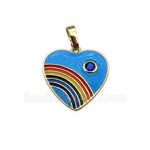copper Heart pendant with blue enamel, rainbow, gold plated