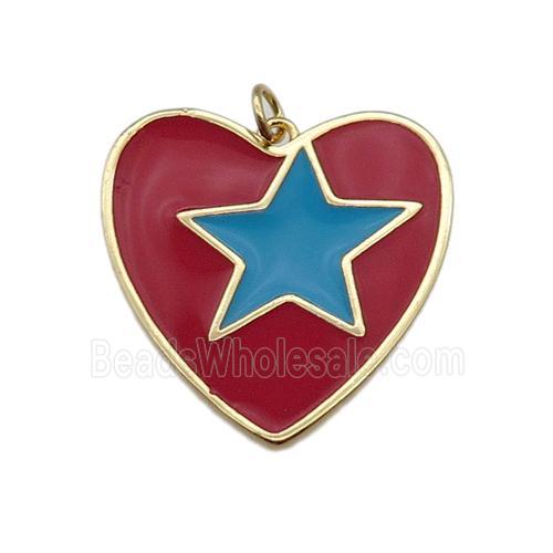 copper Heart pendant with red enamel, star, gold plated