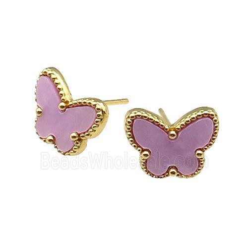 copper Butterfly Stud Earring pave lavender shell, gold plated