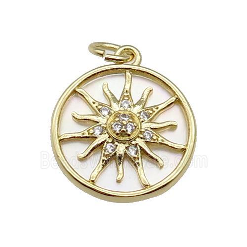 copper circle sunflower pendant pave zircon, shell, gold plated