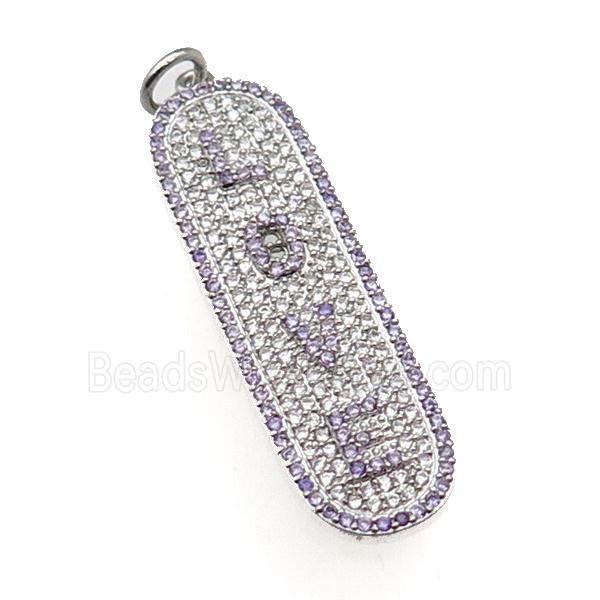 copper LOVE pendant paved zircon, platinum plated