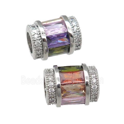 copper tube beads pave zircon, multicolor, platinum plated, large hole