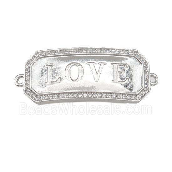 copper rectangle connector pave zircon, LOVE, platinum plated