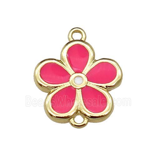 copper flower connector with hotpink enamel, gold plated