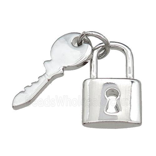 copper Lock-Key charm pendant, platinum plated