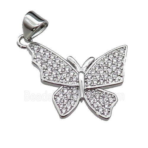copper Butterfly pendant pave zircon, platinum plated