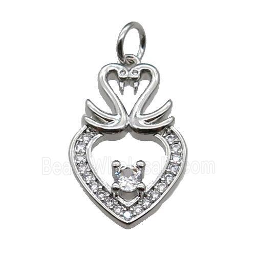 copper Heart pendant paved zircon, swan, platinum plated