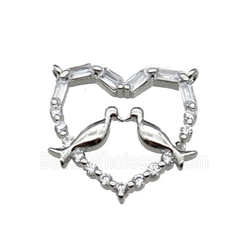copper Heart pendant pave zircon, couple birds, platinum plated