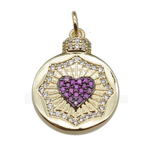 copper circle heart pendant pave zircon, gold plated