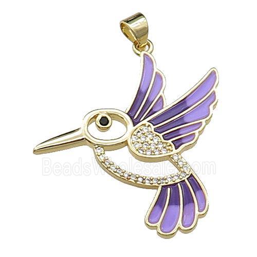 copper Hummingbird pendant pave zircon, purple enamel, gold plated