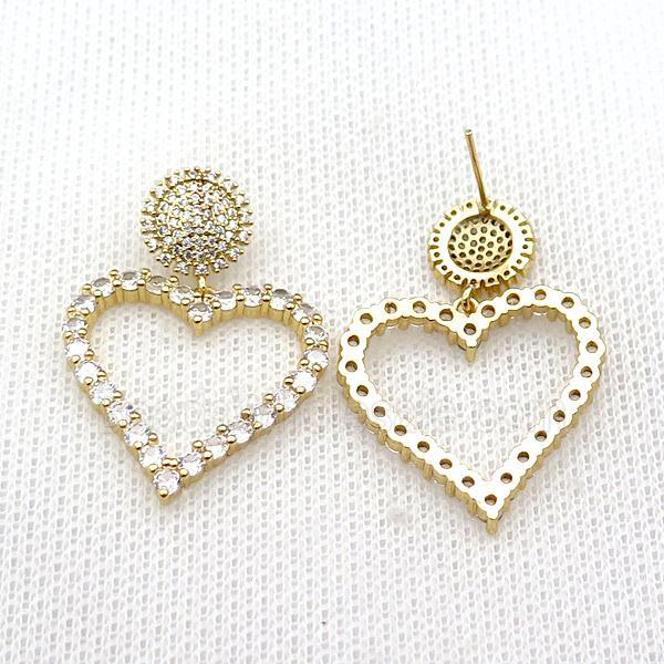 copper Stud Earring pave zircon, heart, gold plated