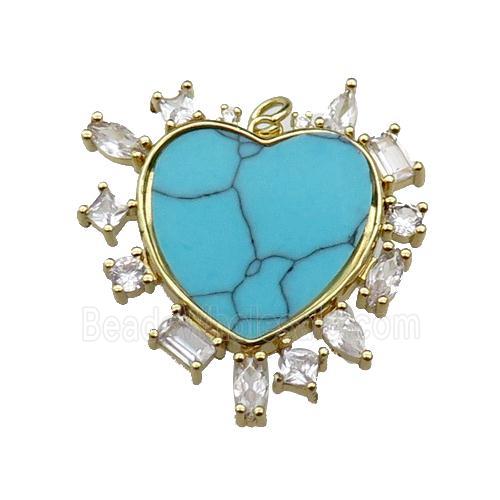 copper heart pendant pave turquoise zircon, gold plated