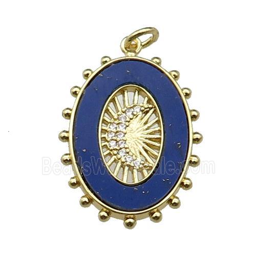 copper oval pendant pave lapis zircon, moon, gold plated