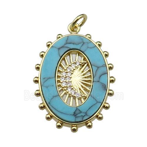 copper oval pendant pave turquoise zircon, moon, gold plated