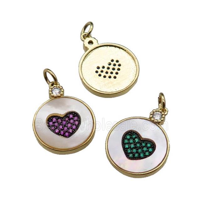 mixed copper circle Heart pendant pave shell zircon, gold plated