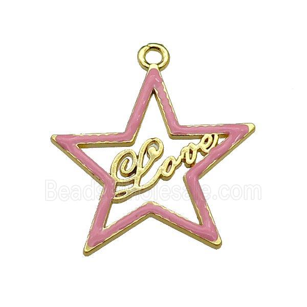 copper Star pendant with pink enamel, LOVE, gold plated