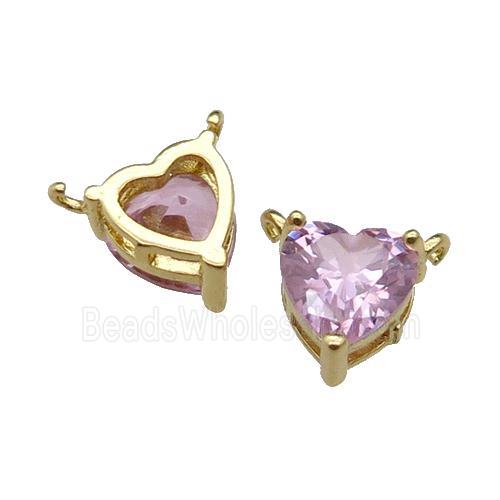 copper hear pendant pave pink zircon, 2loops, gold plated
