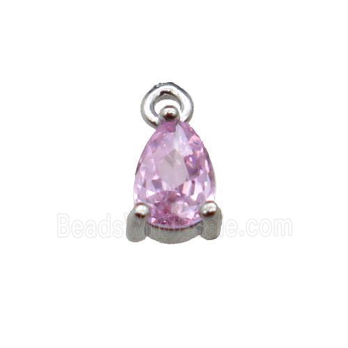 copper teardrop pendant pave pink zircon, platinum plated
