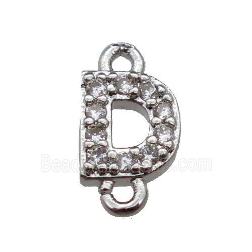 copper letter-D connector pave zircon, platinum plated