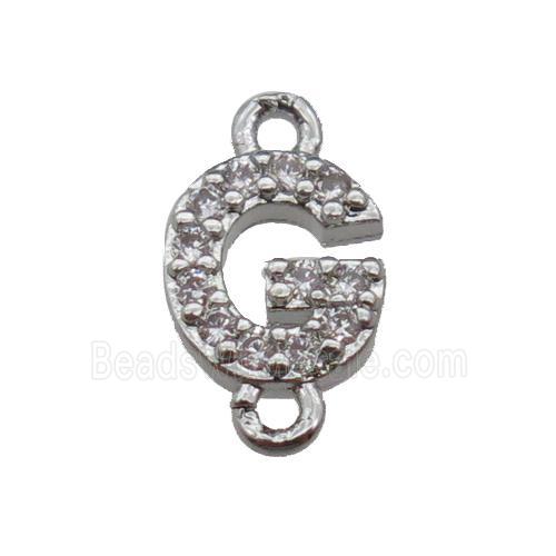 copper letter-G connector pave zircon, platinum plated
