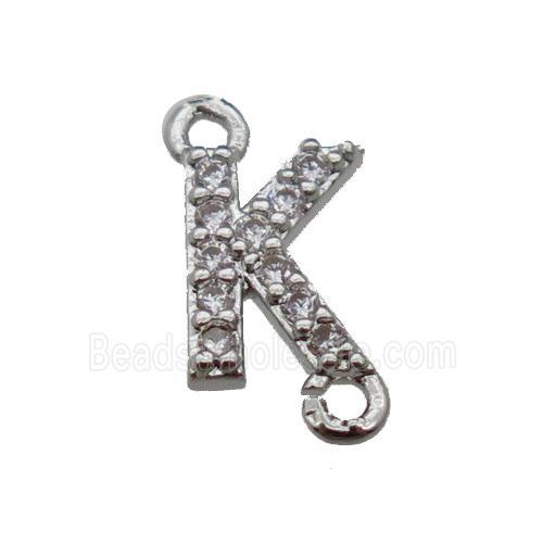 copper letter-K connector pave zircon, platinum plated