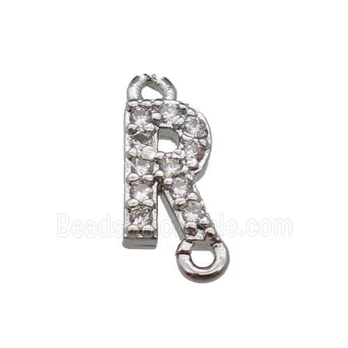 copper letter-R connector pave zircon, platinum plated