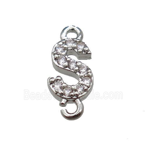 copper letter-S connector pave zircon, platinum plated