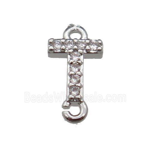 copper letter-T connector pave zircon, platinum plated