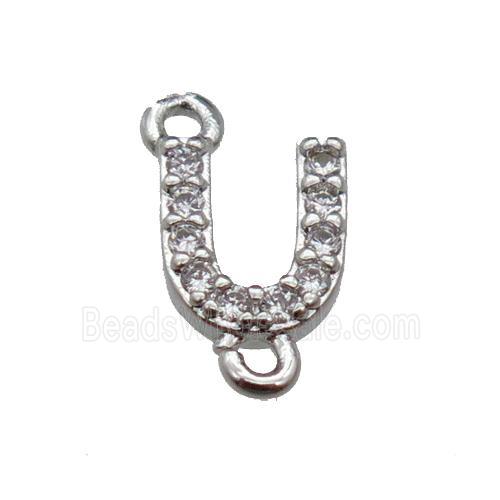 copper letter-U connector pave zircon, platinum plated