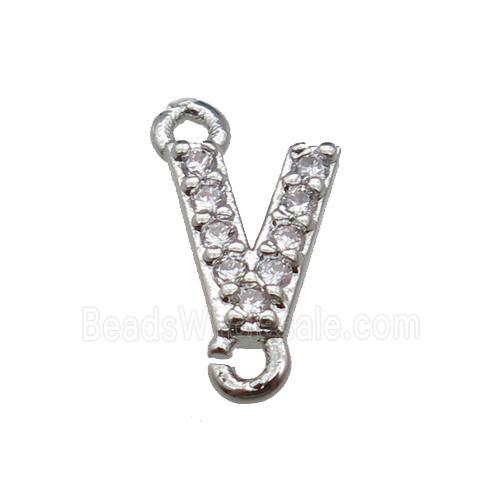 copper letter-V connector pave zircon, platinum plated