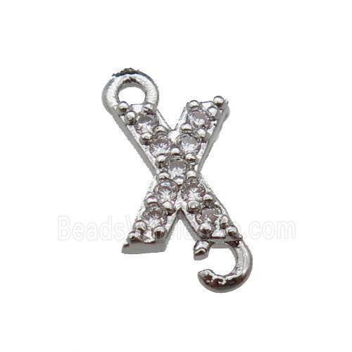 copper letter-X connector pave zircon, platinum plated