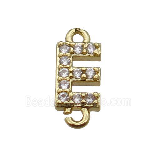 copper letter-E connector pave zircon, gold plated