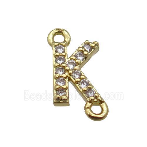 copper letter-K connector pave zircon, gold plated