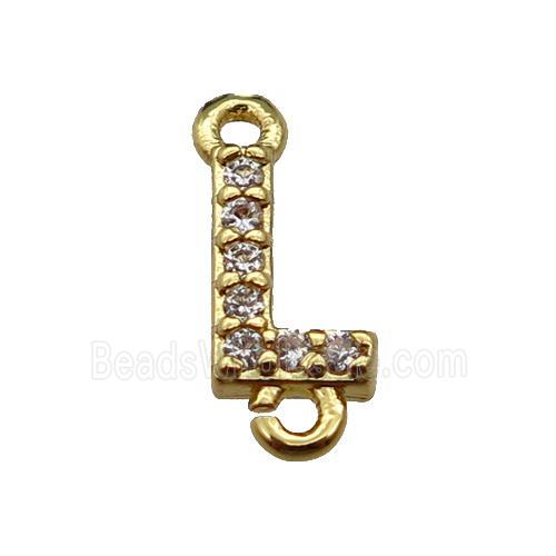 copper letter-L connector pave zircon, gold plated