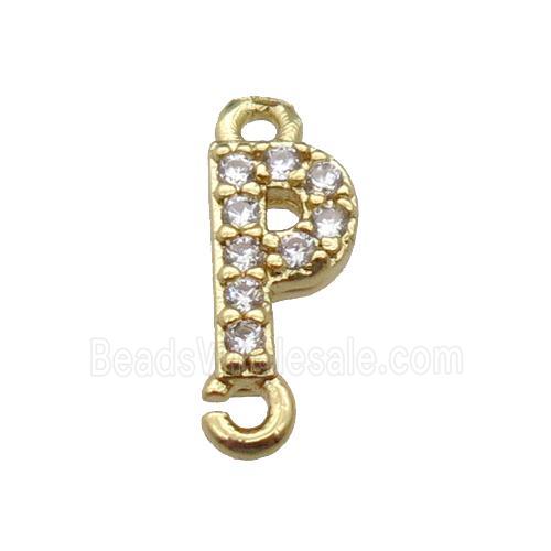copper letter-P connector pave zircon, gold plated