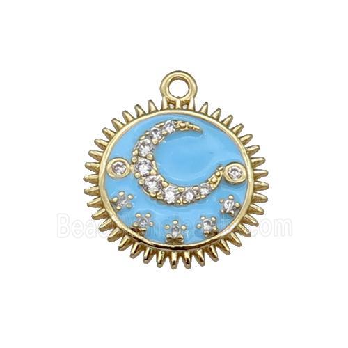 copper Sun moon pendant pave zircon, blue enamel, gold plated