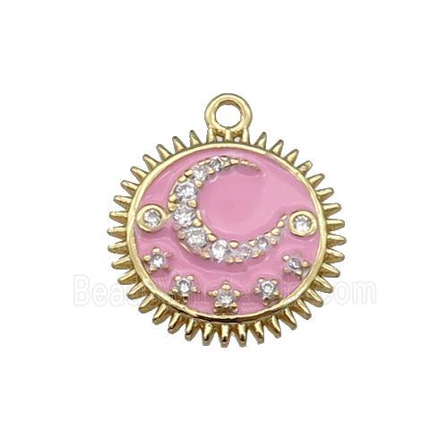 copper Sun moon pendant pave zircon, pink enamel, gold plated