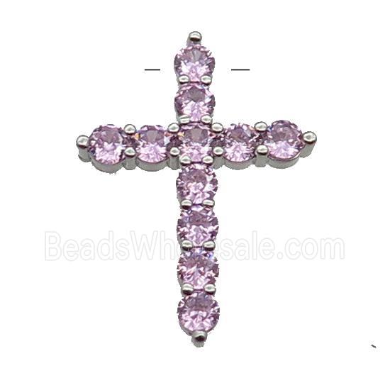 copper Cross pendant pave zircon, pink, platinum plated