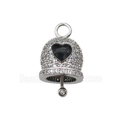 copper Bell pendant pave zircon, black enamel, platinum plated