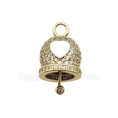copper Bell pendant pave zircon, white enamel, gold plated