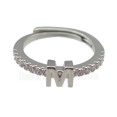 copper Ring pave zircon, letter-M, adjustable, platinum plated