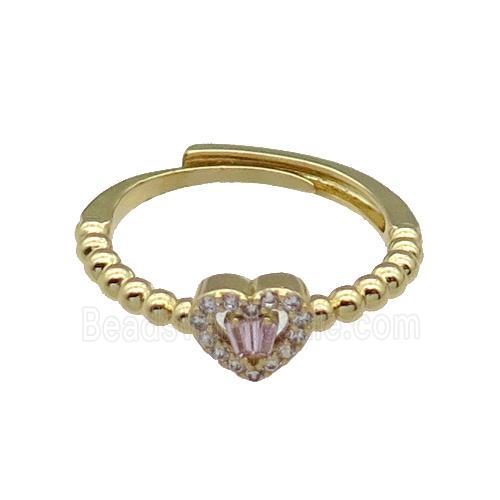 copper Heart Ring pave zircon pink adjustable gold plated