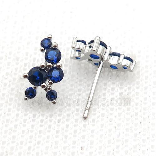 copper Stud Earrings pave blue zircon platinum plated