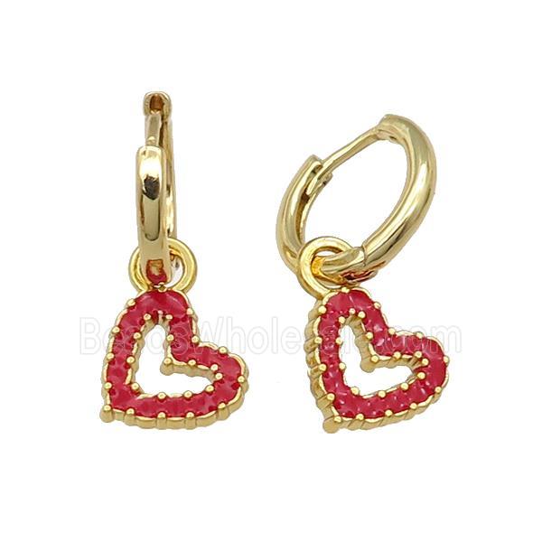 copper Hoop Earring red enamel heart gold plated