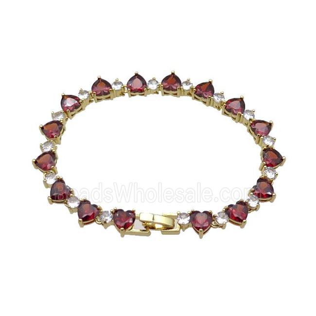 copper Bracelet pave red zircon, gold plated