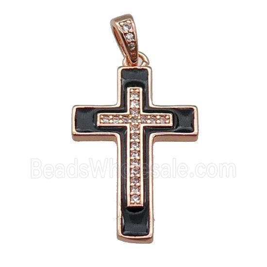 copper Cross pendant pave zircon black enamel rose gold